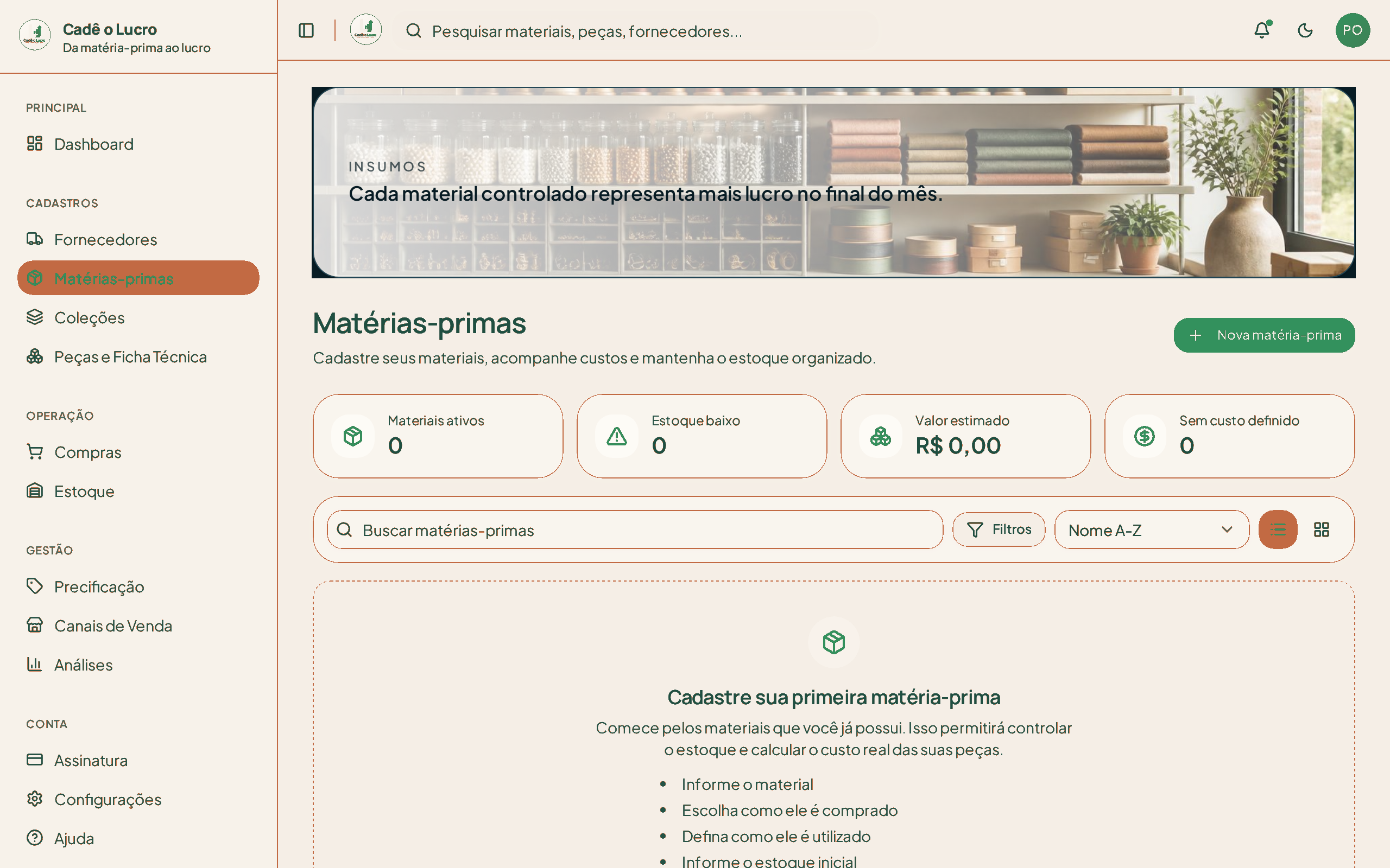 Tela de matérias-primas e custos do Cadê o Lucro?