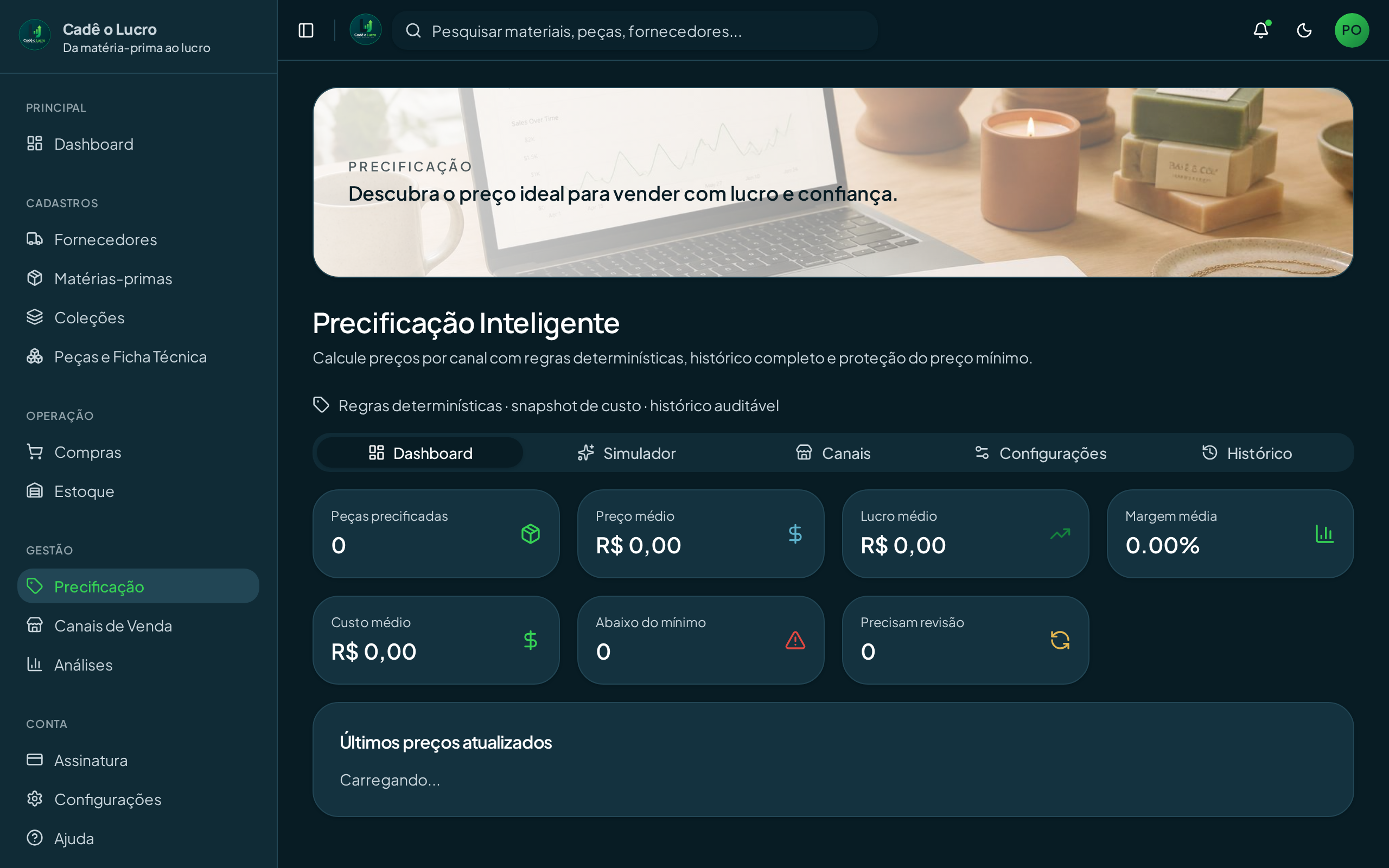 Tela de precificação e lucro do Cadê o Lucro?