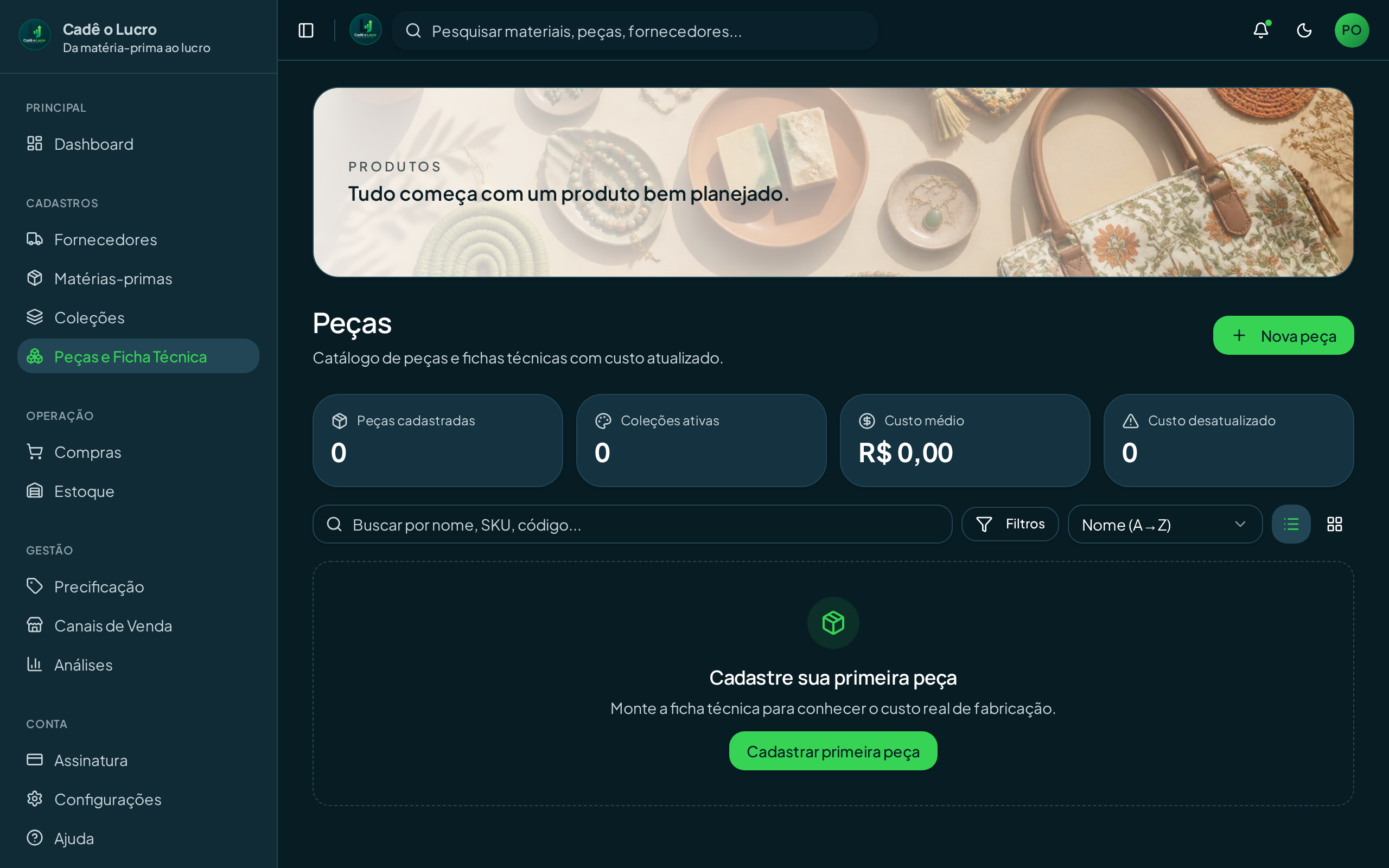 Tela de produtos, ficha técnica e estoque do Cadê o Lucro?