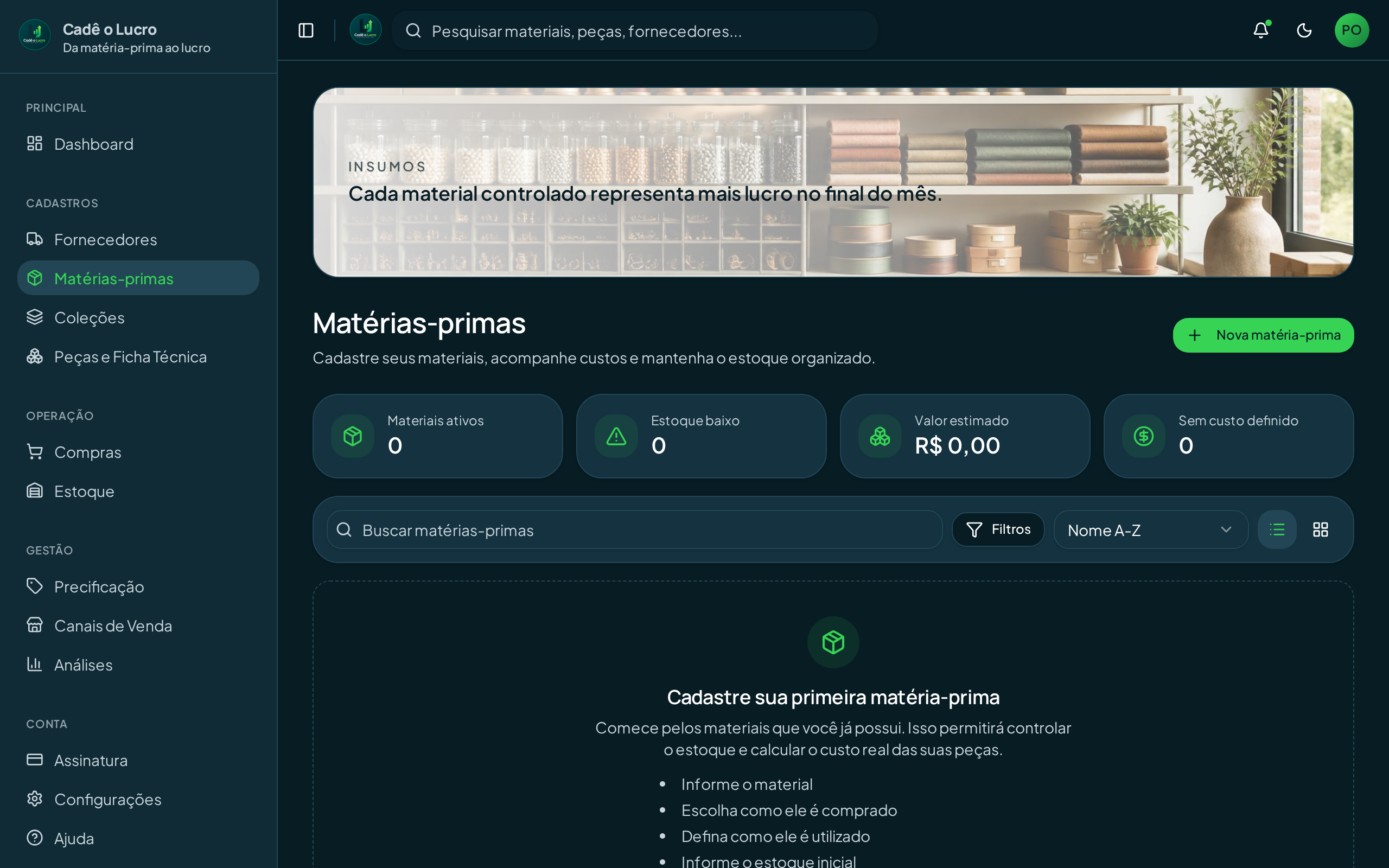 Tela de matérias-primas e custos do Cadê o Lucro?