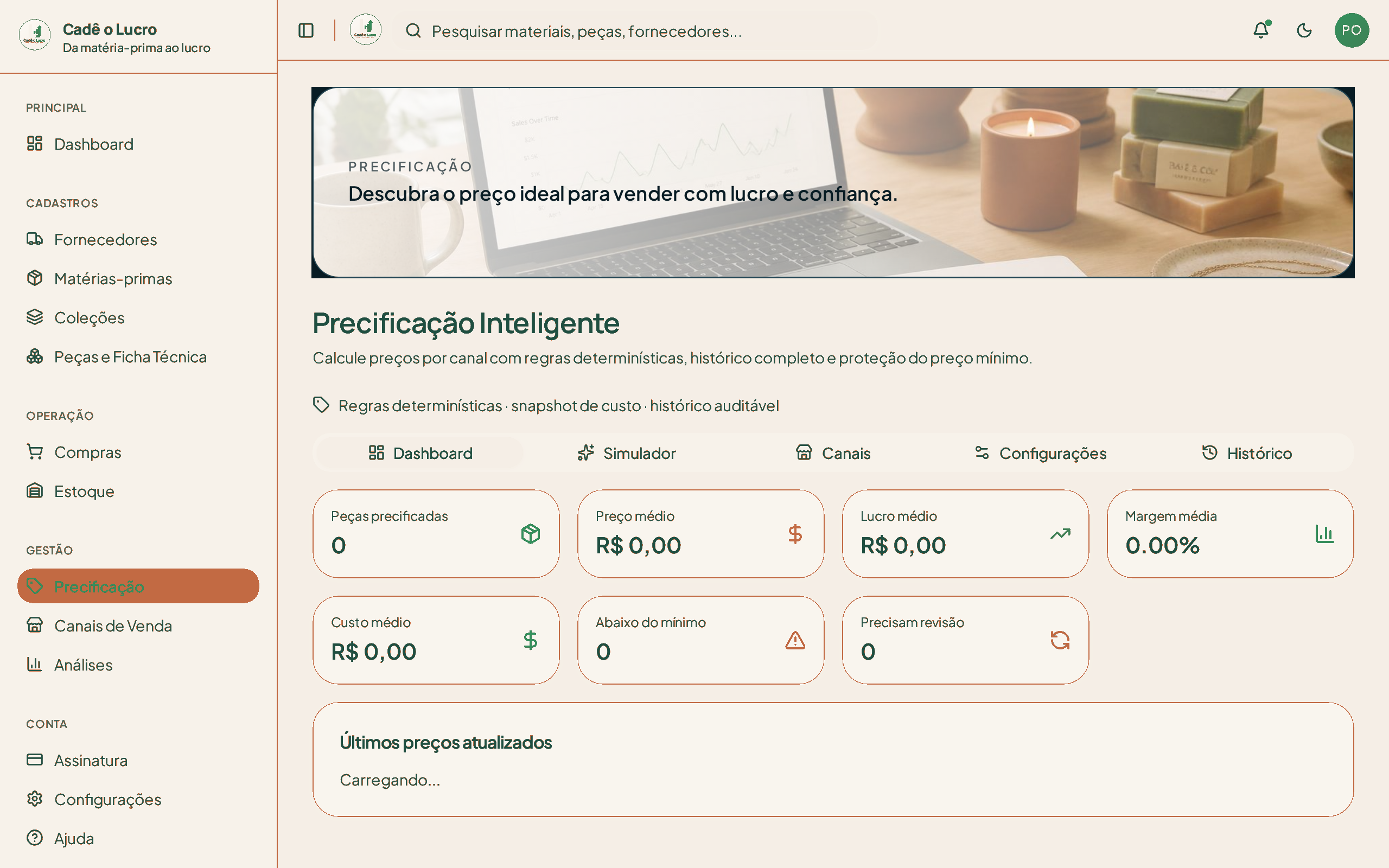 Tela de precificação e lucro do Cadê o Lucro?